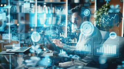 A man in a light blue shirt analyzes digital data with a tablet and laptop computer in a domestic setting with futuristic digital overlays and a blurred background. - Powered by Adobe