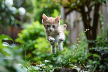 Ginger kitten jumping in garden with blurred green background