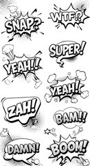 Comic book speech bubbles convey action words in black and white for dynamic graphic designs © ROBERTO MANUT