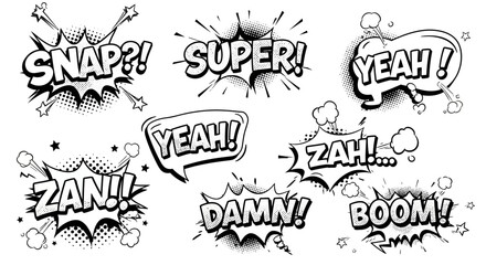 Comic book speech bubbles convey action words in black and white for dynamic graphic designs © ROBERTO MANUT
