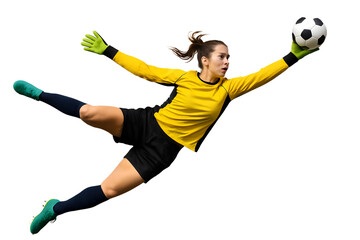 Female Soccer Goalkeeper Mid-Air Diving for Ball, Making a Dynamic Save During a Football Match