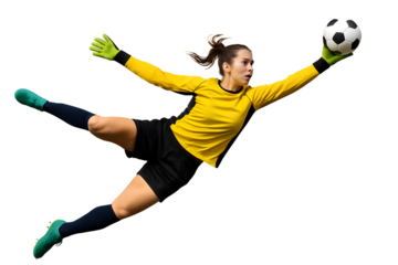 Female Soccer Goalkeeper Mid-Air Diving for Ball, Making a Dynamic Save During a Football Match