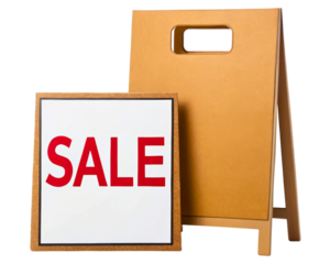 Retail sale sign in red letters next to a yellow A-frame board on a transparent background