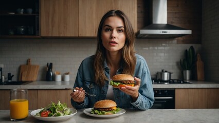 Beautiful young woman decides eating hamburger or fresh salad in kitchen. Cheap junk food vs healthy diet