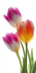 Fototapeta premium Beautiful tulips in soft colors feature delicate pink and orange hues. This floral image gives a fresh and vibrant feel. Perfect for spring themes or wall art. AI