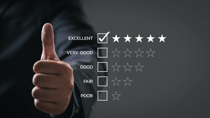 A hand giving a thumbs-up next to a rating scale, indicating 