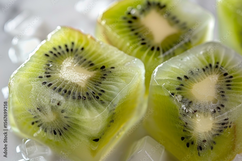 Poster kiwi fruit slices frozen in ice cubes creating a refreshing ingredient for summer drinks