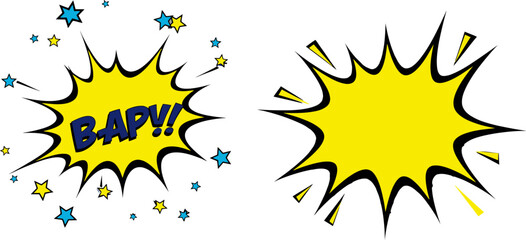 Two comic style speech bubbles create a dynamic design element with yellow fills and black outlines on a clean white background.