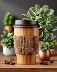 Bamboo travel mug with natural background high resolution picture