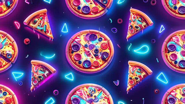Seamless pattern of whole and sliced pizzas with vibrant neon glow.