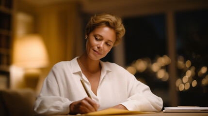 A claimant signing a document at a cozy desk
