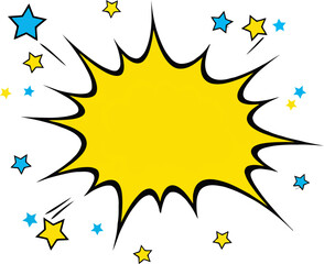 Vivid yellow burst graphic with blue and yellow stars surrounding a blank space for custom message