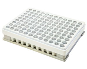 Transparent 96-well plates are used for scientific testing and research on a transparent background