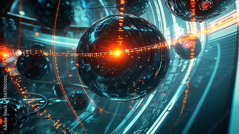 Poster futuristic digital landscape featuring glowing orbs and intricate patterns in a high-tech environmen