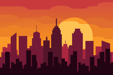 Fototapeta premium 2D Illustration City Skyline At Sunset Scene Background
