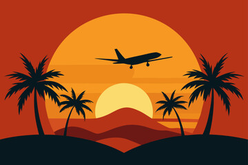 Airplane Flying At Sunset Over The Tropical Land With Waves