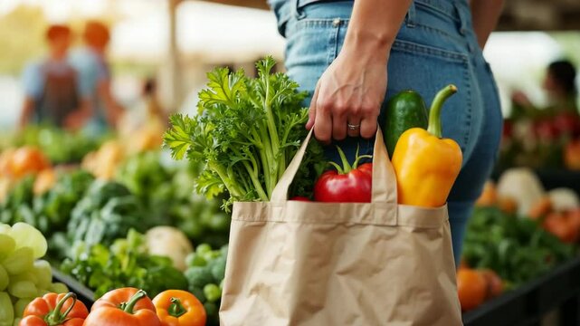 Woman carrying vegetables in eco bag at farmers market. Fresh produce shopping at local market with woman carrying healthy food in reusable grocery bag.