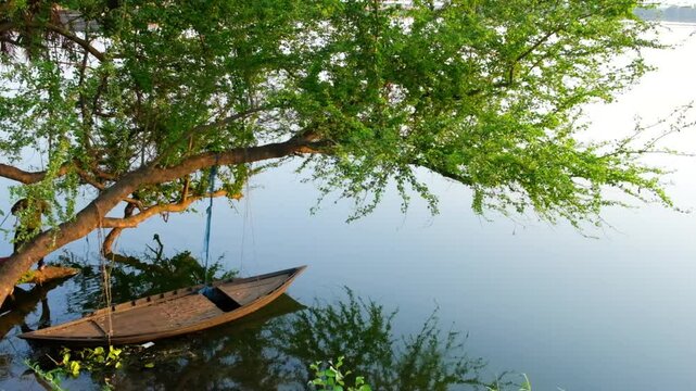 Fisherman Boat Tied to Tree on River Damodar, India &ndash; Serene Rural Landscape, Tree Reflections on Water, Indian Countryside Fishing Scene, Calm Riverbank Nature View