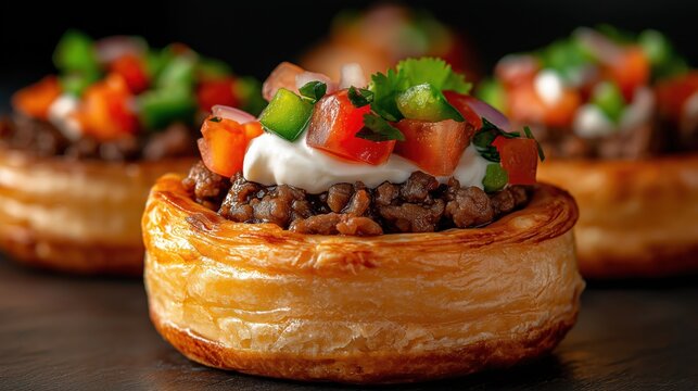 Savory taco tart featuring seasoned ground beef and colorful toppings on a rustic tray