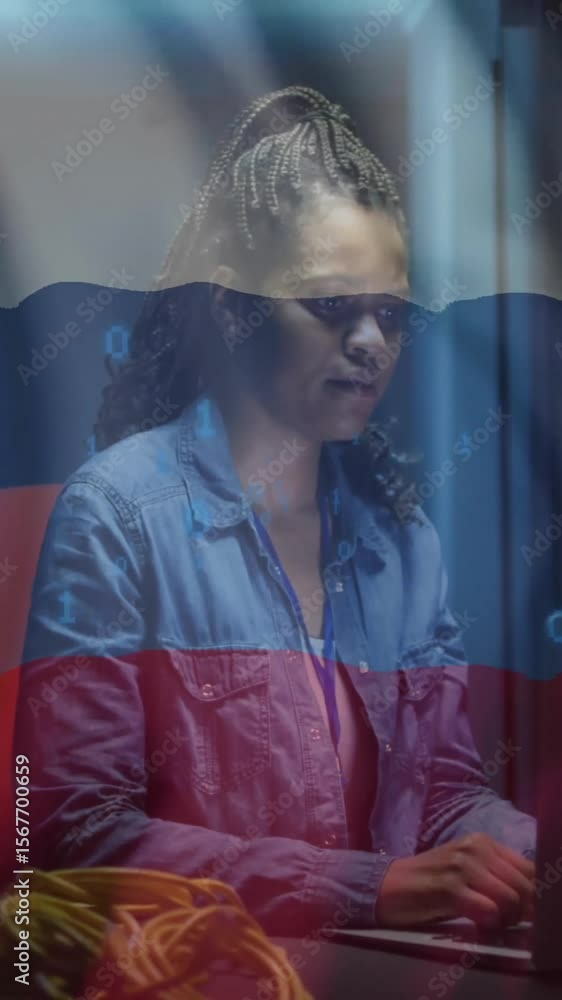 Poster woman working on laptop with binary code animation over russian flag
