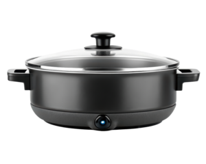 Black electric skillet with a glass lid for multipurpose cooking on a transparent background
