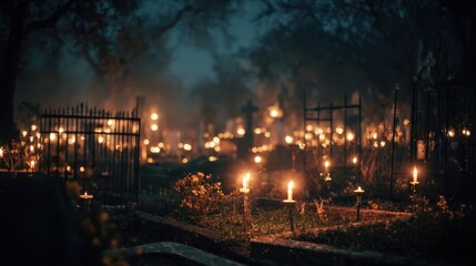 Blurry vintage graveyard with orange smoke and candlelight flickers, Halloween background, eerie atmosphere.
