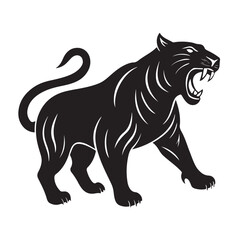 Obraz premium Roaring Panther Silhouette Vector Angry Wild Animal in Black