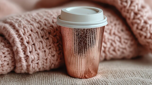 Elegant rose gold takeaway coffee cup with textured surface placed on soft pink knitted blanket, ideal for cozy branding mockups. - Powered by Adobe