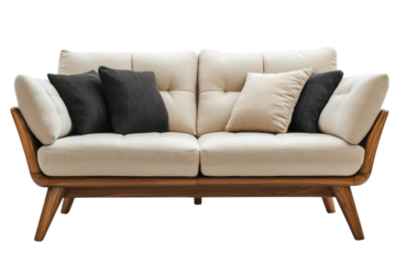 Elegant Two Seater Sofa with Natural Wood Frame and Plush Cushions Modern Living Room on transparent background