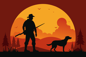 Hunter With Dog At Sunset