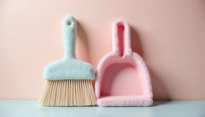 Stylish plush broom and dustpan set in pastel colors on soft pink background copy space