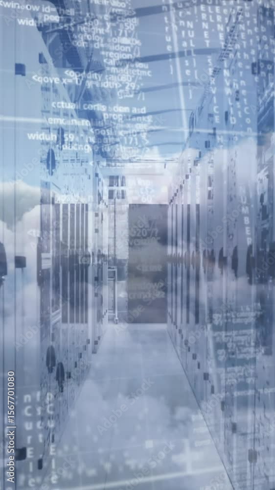 Poster animation of data processing over computer servers and sky with clouds
