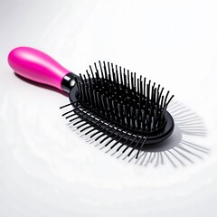 A close up studio shot of a black hairbrush with a pink handle hair care beauty