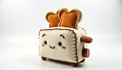 Cute plush toaster with smiling face and bread on white background copy space