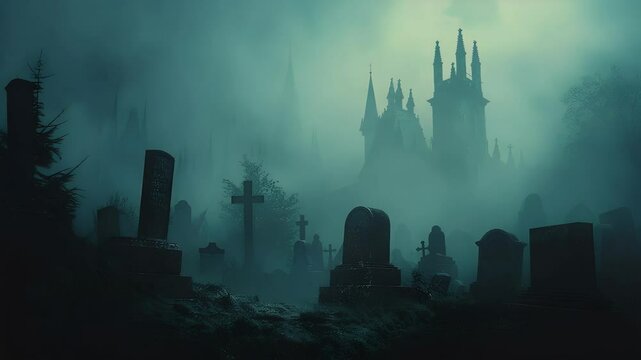 A misty graveyard scene with tombstones crosses and a gothic castle in the background rendered in a dark teal color palette highlighting the eerie atmosphere and creating a haunting mood.
