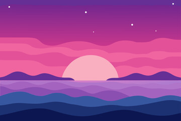 Pink Twilight Over Watercolor Ocean