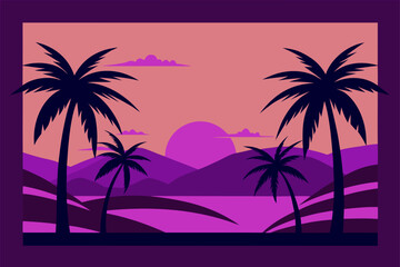 Palm Trees Framed By Purple And Pink Shades Of Sunset