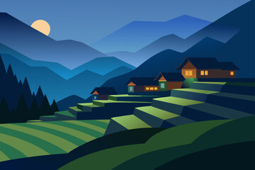 Quiet Mountain Village With Rice Terraces At Dusk