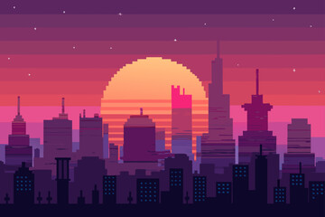Pixel Sunset Cityscape A Digital Illustration Of City Life