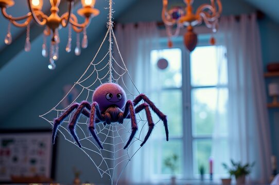 Purple cartoon spider on web in cozy indoor setting with chandeliers and window view
