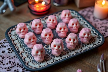 Pink skull sweets on tray with lace decor for spooky halloween parties