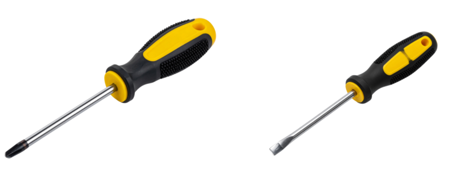 Flat Yellow and Black Screwdriver Lying Horizontally, Isolated on Transparent Background PNG