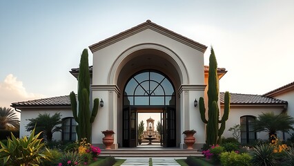 Grand arched doorway of a contemporary villa, framed by Mediterranean gardens under golden hour light.
