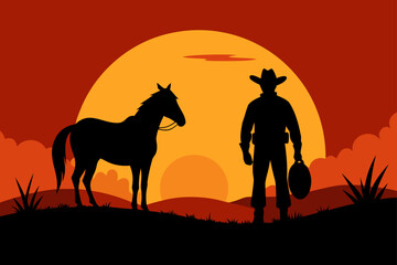 Silhouette Of A Cowboy And A Horse At Sunset
