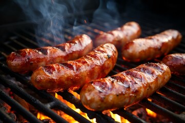 Juicy sausages cooking on a barbecue grill, emanating smoke and flames for a flavorful outdoor meal