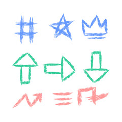 Grunge Handdrawn Arrow Sign Shape Icon Set Brush Stroke Style