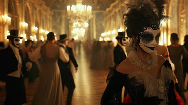 Elegant ball scene with masked figures in ornate attire dancing under warm light. Focus on a woman in detailed costume with others in the background. Evokes mystery and festivity.