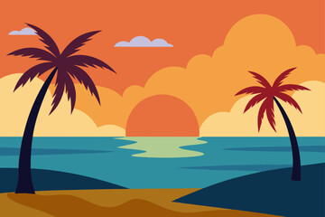 Obraz premium Tropical Beach Sunset With Palm Trees And A Flat Silhouette