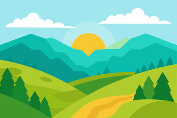 Fototapeta premium Valley View with Sunlit Hills and Clouds