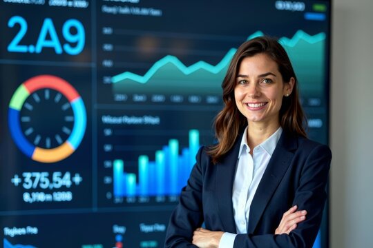 Confident Woman in Business Attire Standing Before Dynamic Real-Time Financial Dashboard
